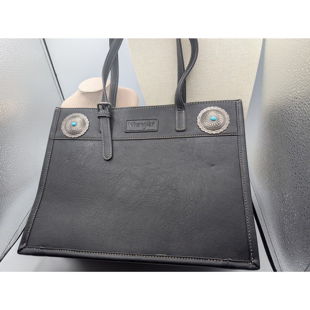Wrangler Western Concho Turquoise Stone Black Faux Leather Tote Shoulder Handbag